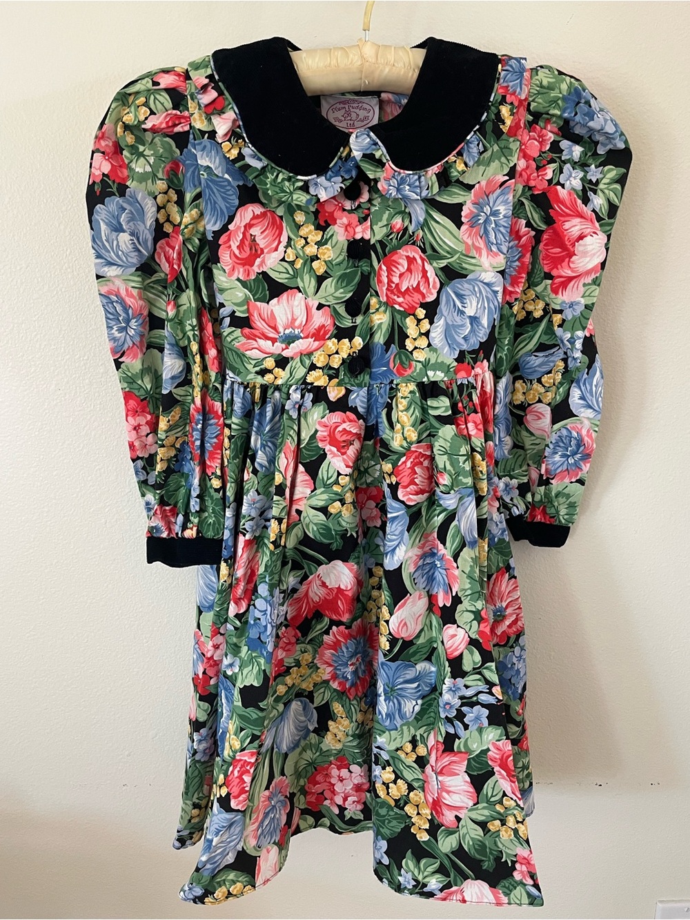 Plum Pudding LTD -Vtg Party Dress Cotton Floral w/Black Corduroy Details